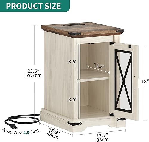 Miniatura 2 de YITAHOME Mesa auxiliar de granja con luces LED, mesita de noche con estación de carga, estante de almacenamiento ajustable, mesa auxiliar auxiliar