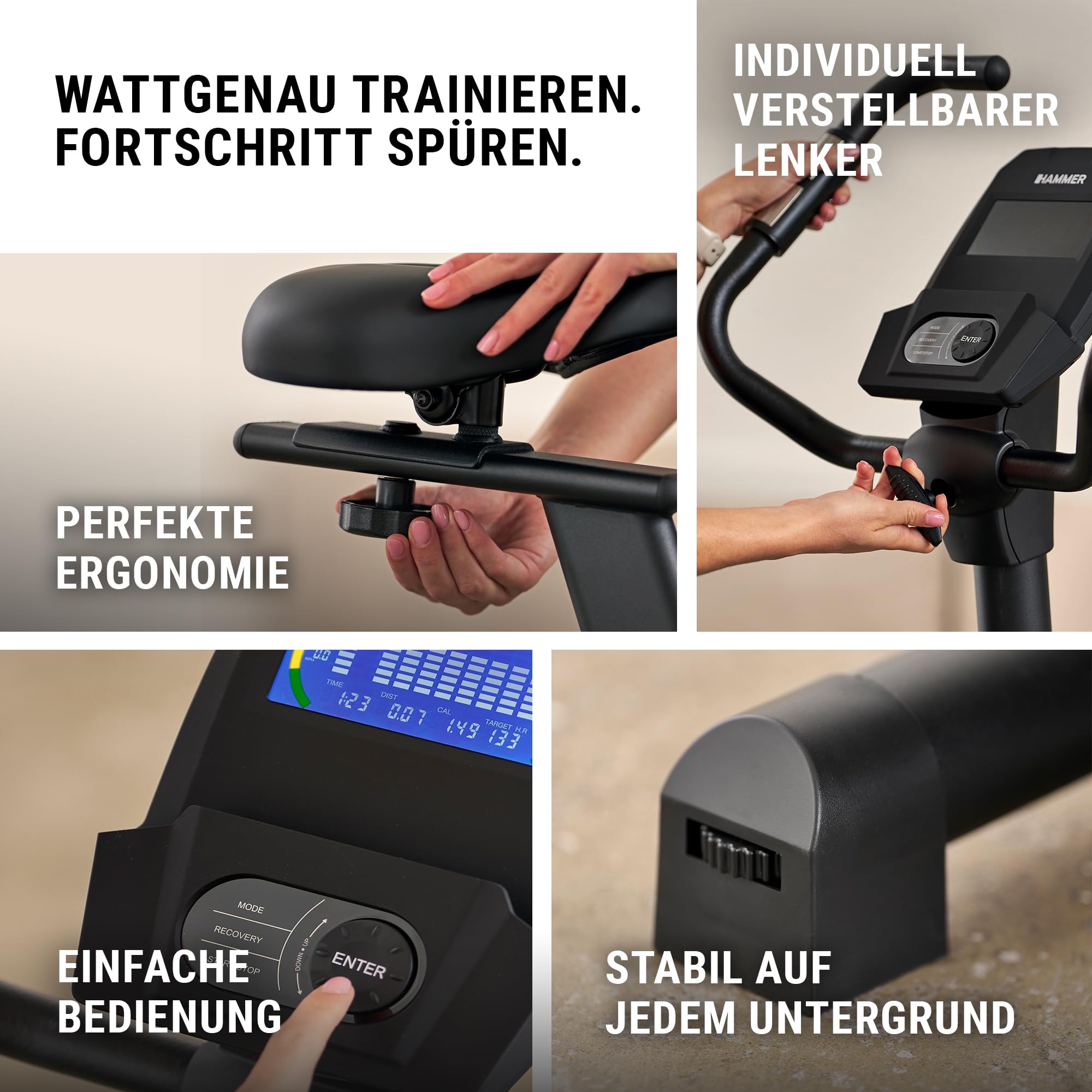 HAMMER Ergometer Cardio XT7 – leiser Heimtrainer für Zuhause mit tiefem Einstieg, App Kompatibel mit Kinomap, 8 kg Schwungmassensystem, 24 Programme, Hometrainer Fahrrad bis 130 kg