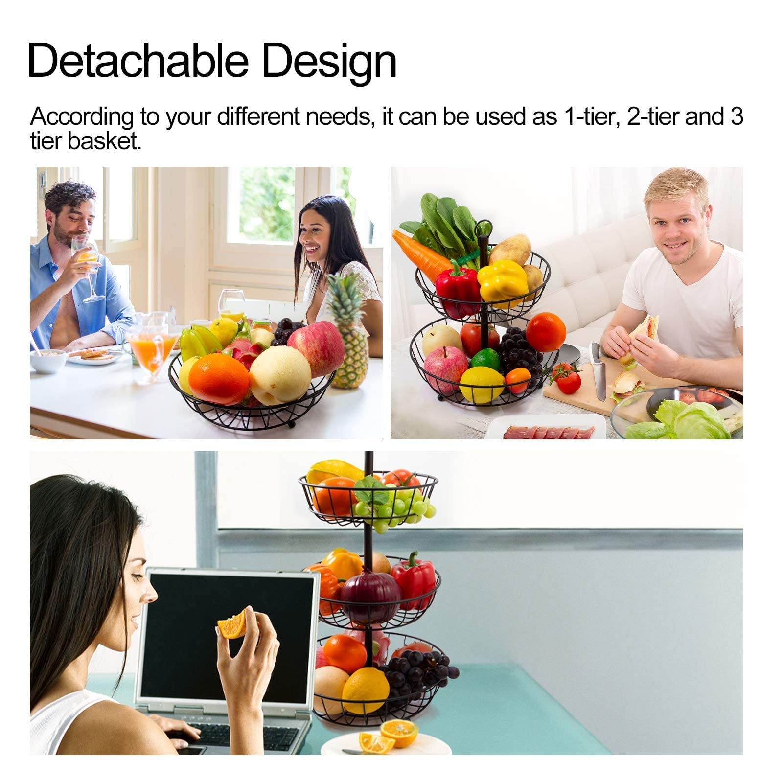 Fruit Bowl 3 Tier Fruit Basket Countertop Detachable Metal Fruit Bowl 3