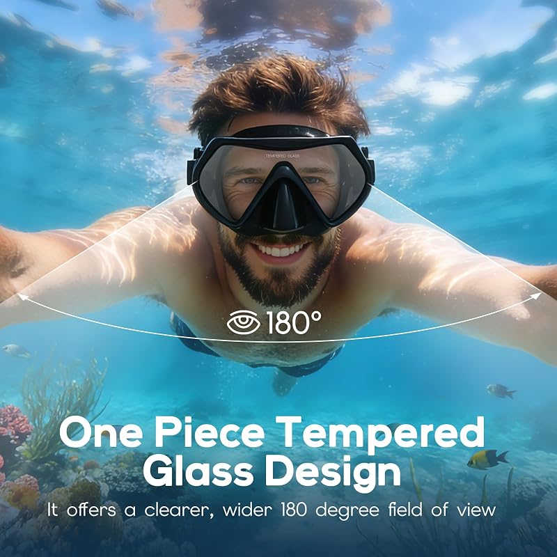 Mască de scufundări Findway cu protecție nazală pentru snorkeling, vizibilitate panoramică la 180 de grade, sticlă securizată, anti-aburire, pentru adulți și adolescenți, cu baretă reglabilă