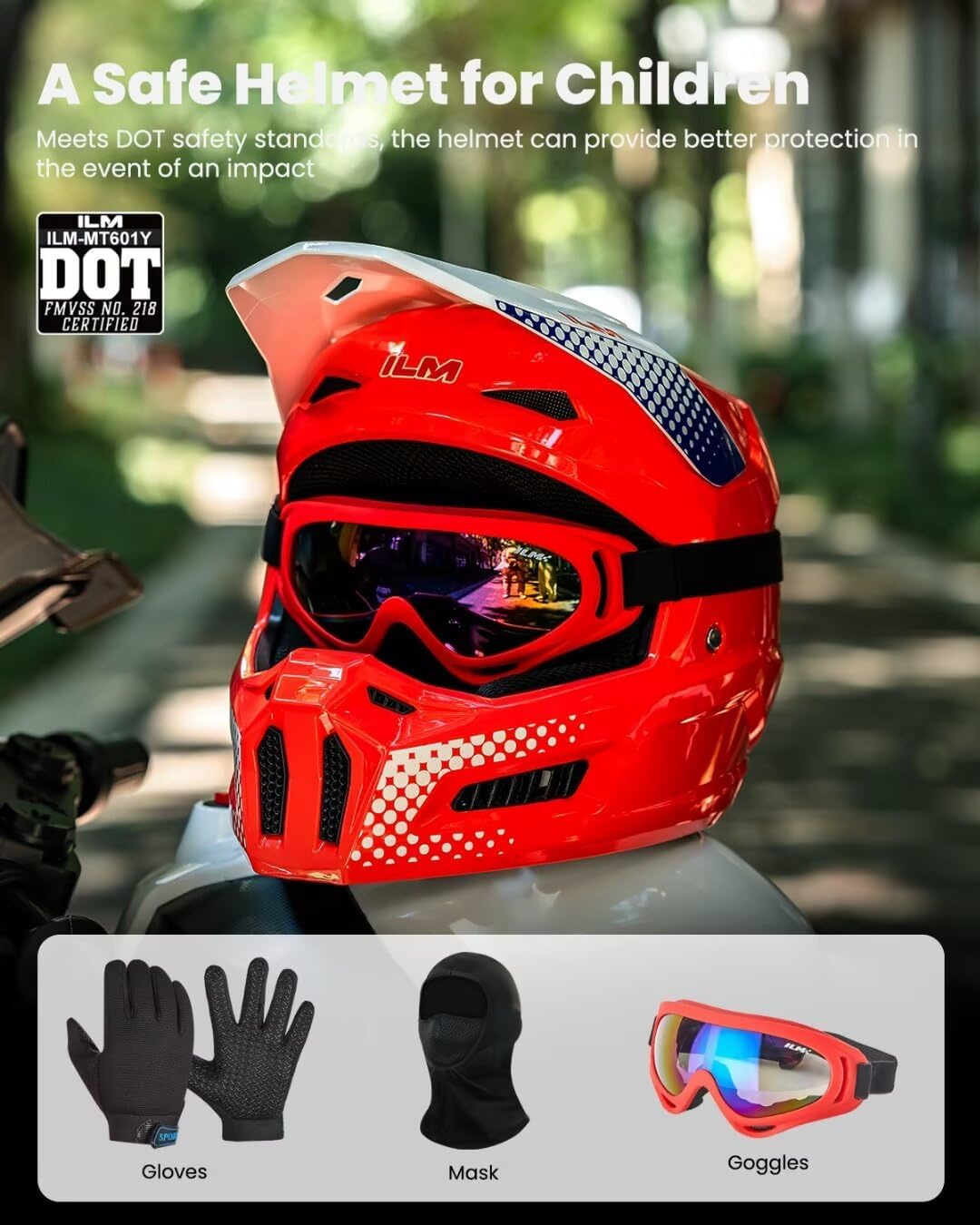 ilm youth dirt bike helmets kids atv helmet motorcross bmx off road motorbike with goggles gloves mask dot model mt601y (popart red, youth-small) popart red youth-s