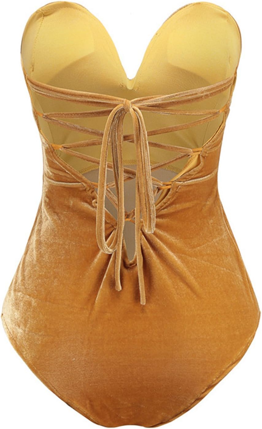 Choies Women's Burgundy/Black Sexy Plunge Neck Strapless Cross Back Velvet Bodysuit - Image 2