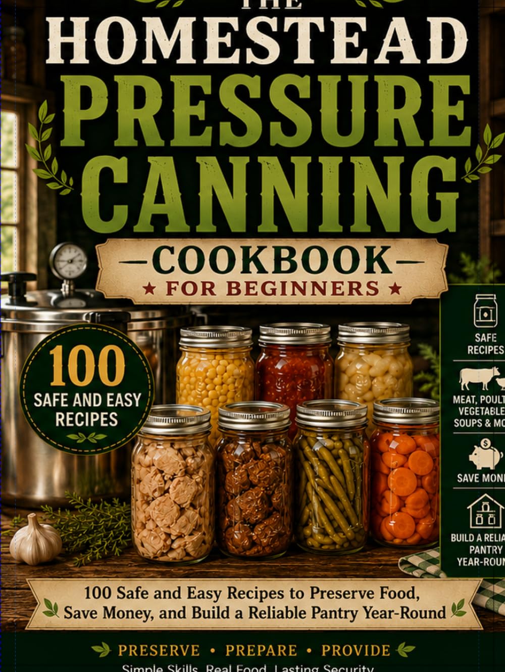 The Homestead Pressure Canning Cookbook for Beginners: 100 Safe & Easy USDA-Based Recipes to Preserve Meat, Vegetables, Soups, Beans & More While Building a Reliable Pantry Year-Round