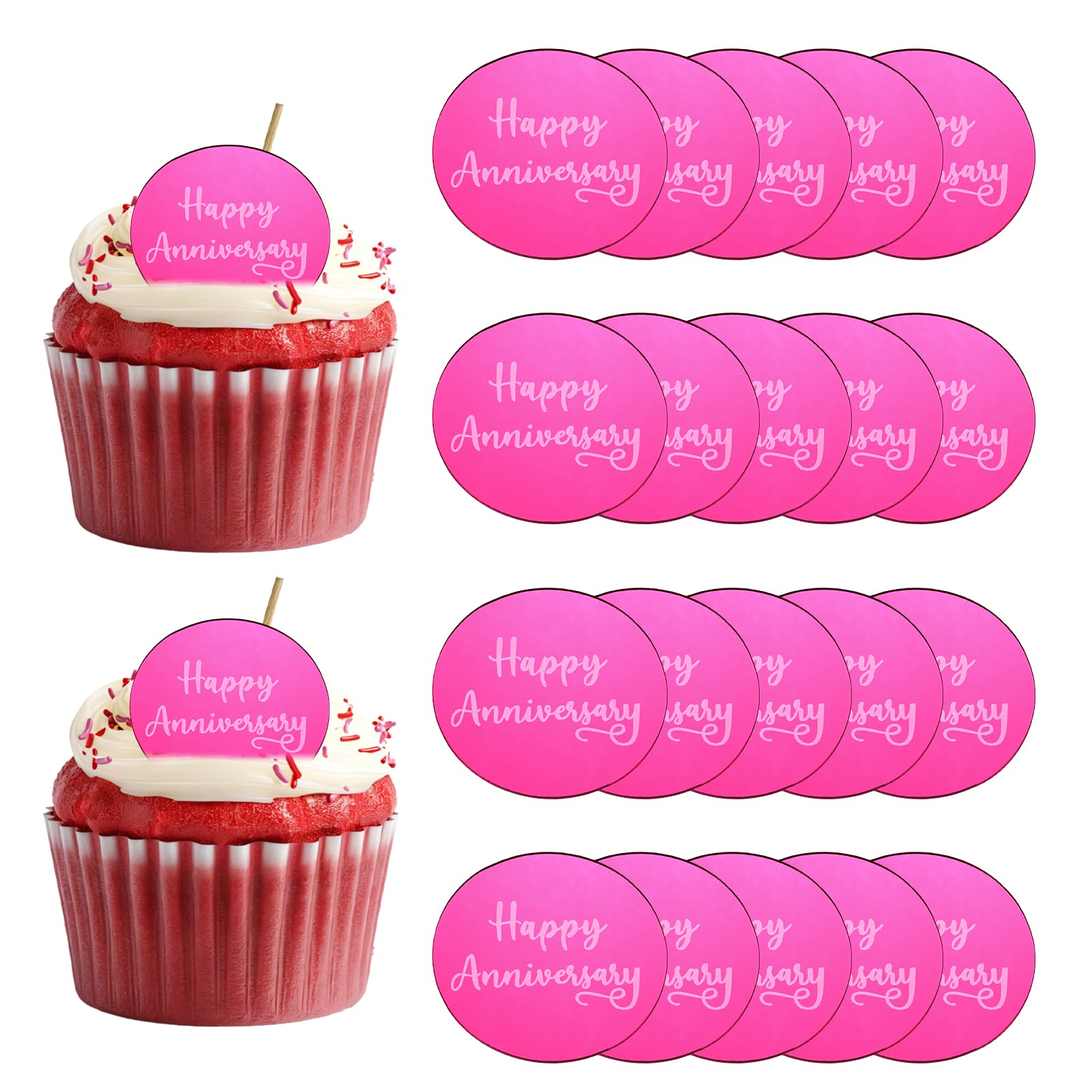 sourcing map 20Pcs Acrylic Mirror Cake Toppers, Happy Anniversary Cupcake Toppers Round Shapes Laser Picks Dessert Decorations for Celebrating Party Wedding Shower, 059-Rose Red