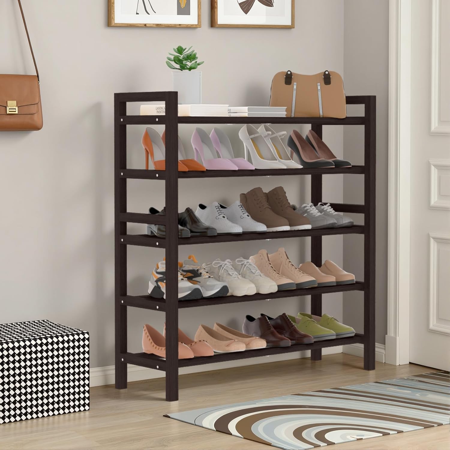 Haddockway Bamboo Shoe Rack for Closet, Free Standing Shoe Organizer with Smooth Round Rods & Convenient Handles, Stackable Shoe Storage Shelf for Entryway, Hallway(Brown, 5-Tier)