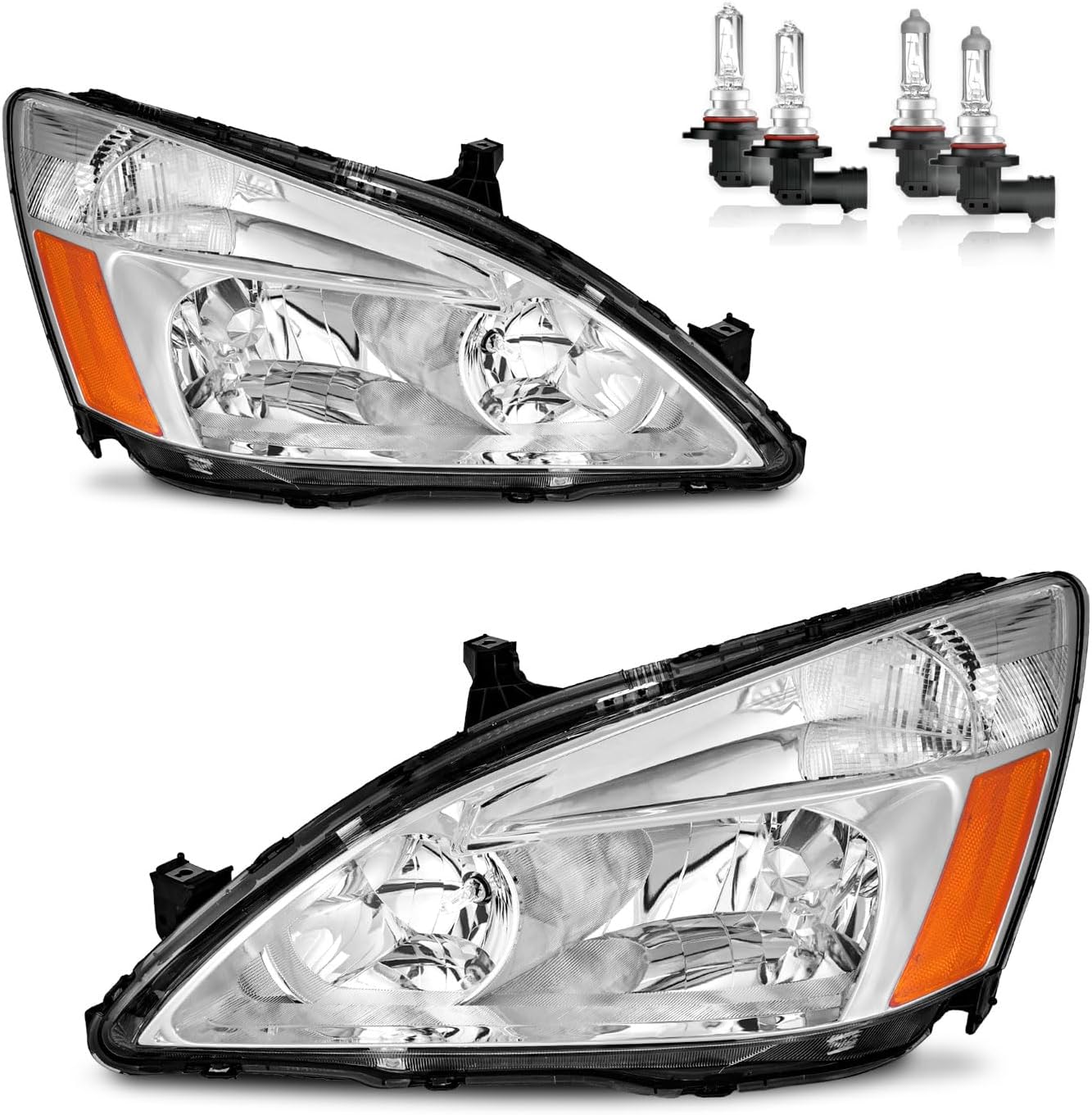 Headlights Assembly for 2003-2007 Honda Accord Halogen Headlamp Replacement, High/Low Beam W/Bulbs, Driver & Passenger Side