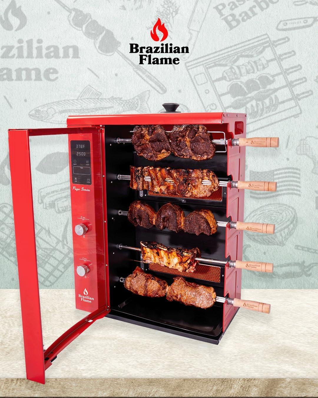 FOGO SERIES Rotisserie Gas Grill w/5-Skewers by Brazilian Flame® Oven Grill Roaster with Auto Rotating Skewers for Rotisserie Chicken, Brazilian Style BBQ and Churrasco, Shawarma Machine - 2026 Series