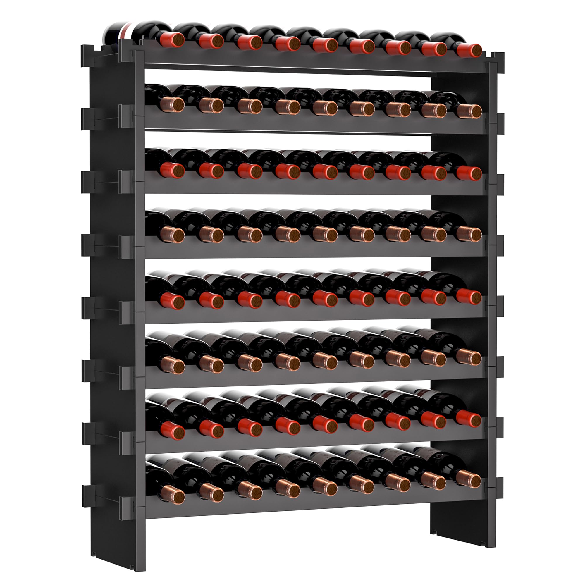 VASMIA Scaffale per Vino in Bambù Impilabile, Autoportante, 72 Bottiglie, Senza Attrezzi, Montaggio a 8 Livelli, per Cucina, Bar, Sala da Pranzo, Cantina, Nero