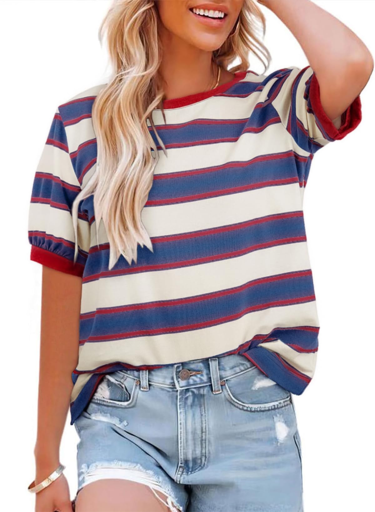 Cuptacc Tshirt Damen Rundhals Locker Oberteile Bunt Gestreiftes Tunika Damen Sommer Casual Baumwolle T Shirt Kontrast Kurzarm Oberteile