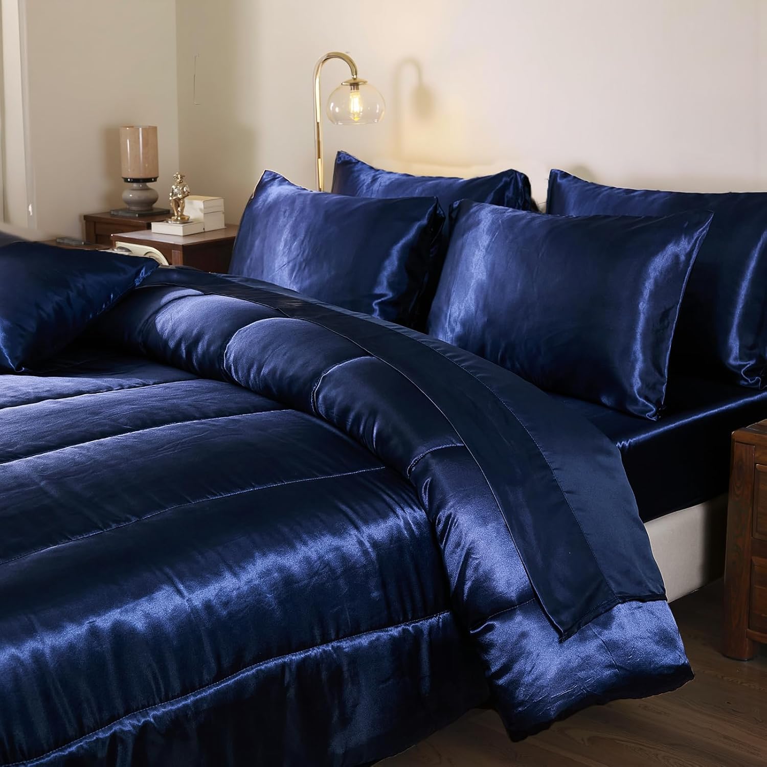 Bedding_Dreamer Silk Like Blue Comforter Set with Sheet Sets Queen 8 Pieces Satin Bedding Silky Bed-in-a-Bag Luxury Hotel Silky with 1 Cushion Cover