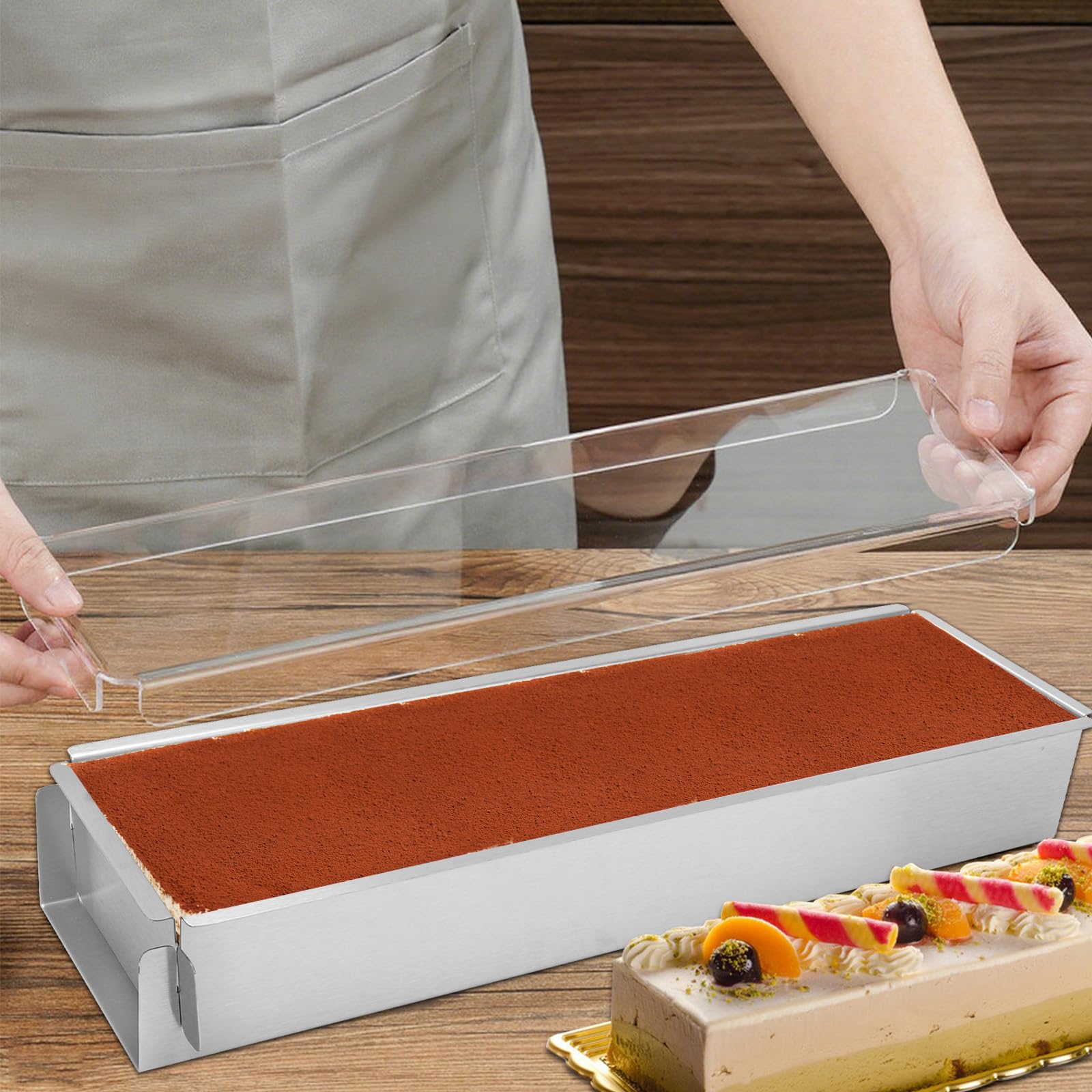 Gohytal Moule à gâteau rectangulaire avec couvercle en acrylique, réglable, en alliage d'aluminium, avec 2 spatules pour la préparation de gâteaux, toasts, pains