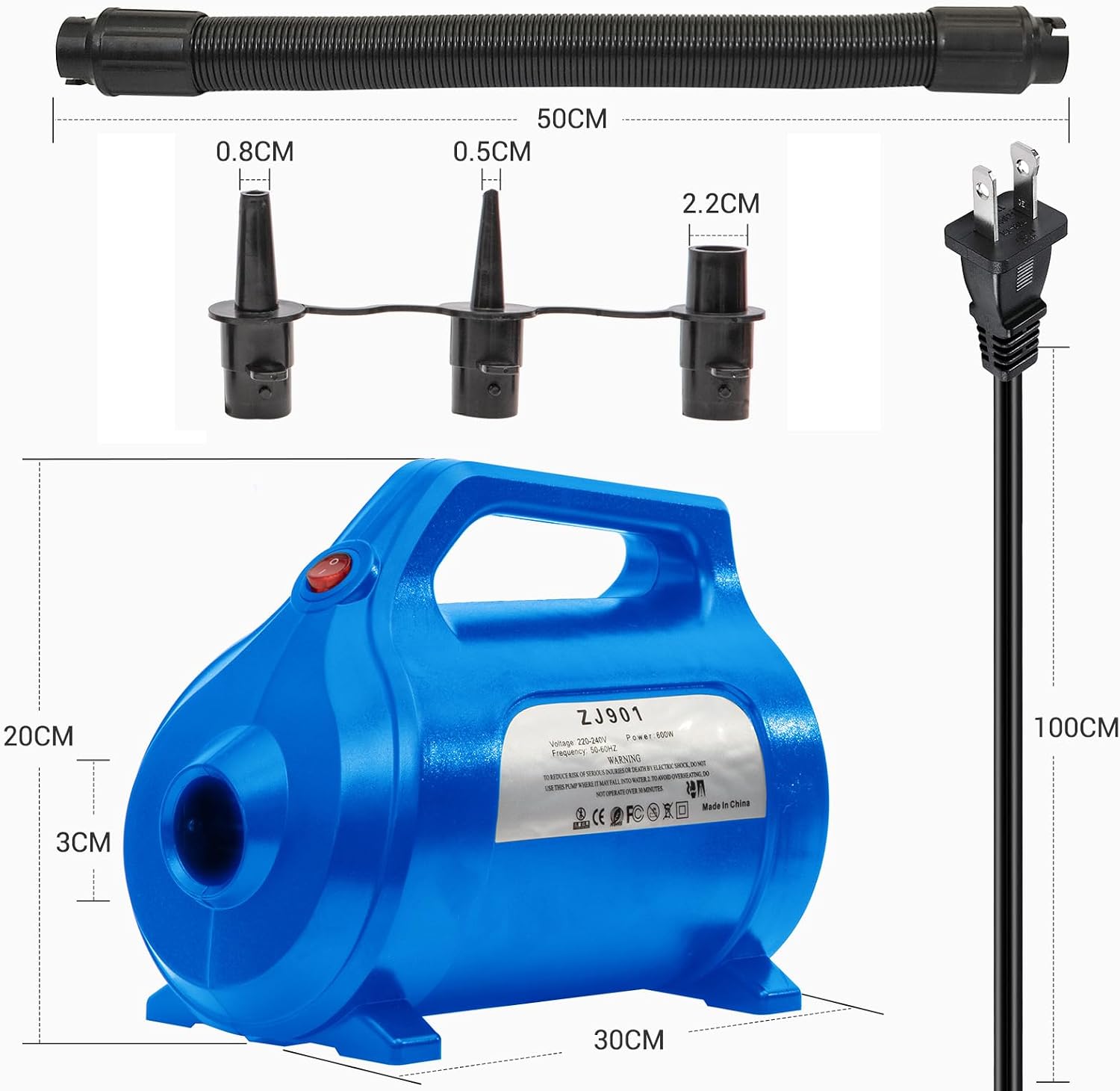 Rapid Air Pump Electric Inflator/Deflator for Tubes, Toys & Mattresses, 4 Adapters, 3-Foot Cord