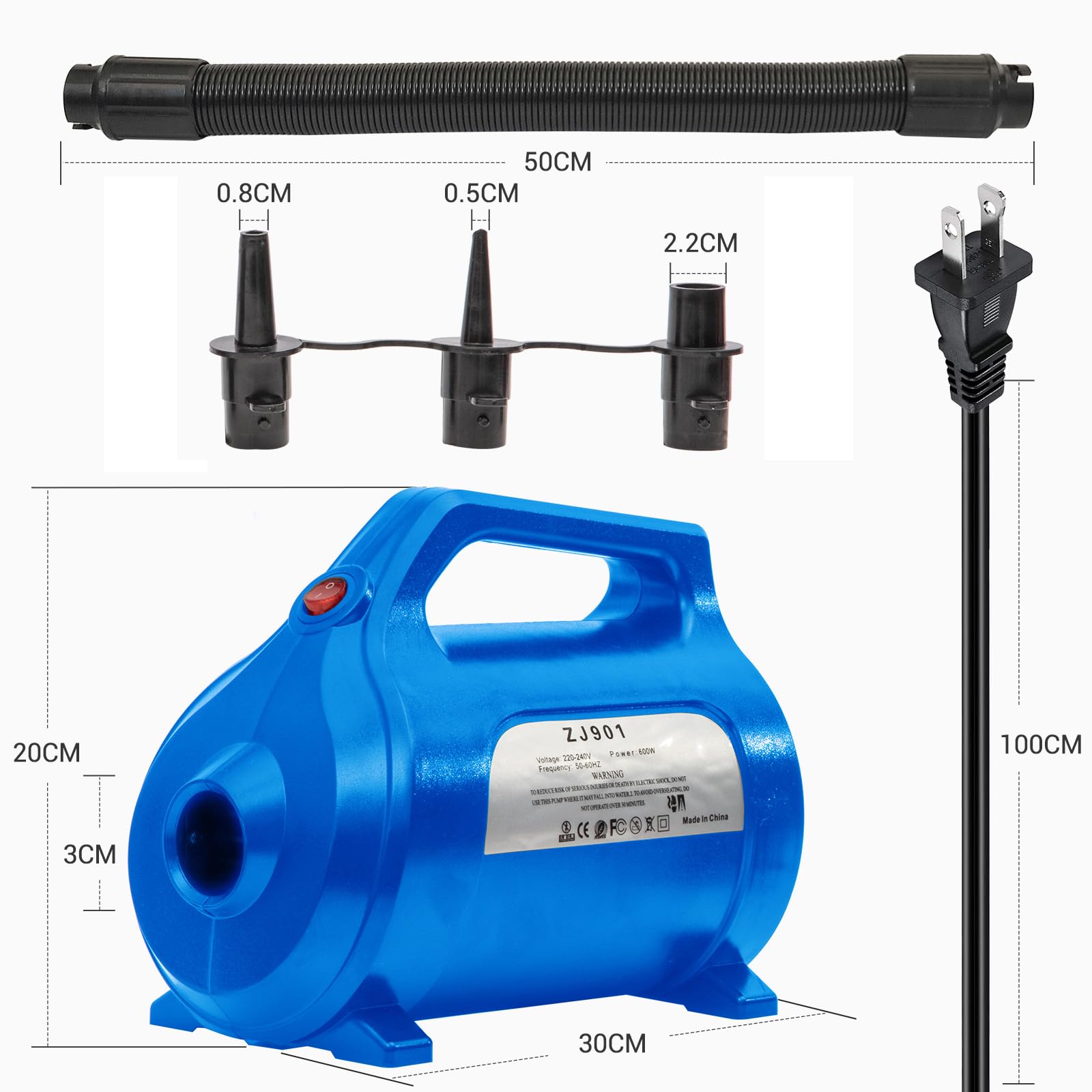 Szybkie pompowanie / spuszczanie powietrza do węża, zabawki i materacy, 5 adapterów, kabel 90 cm