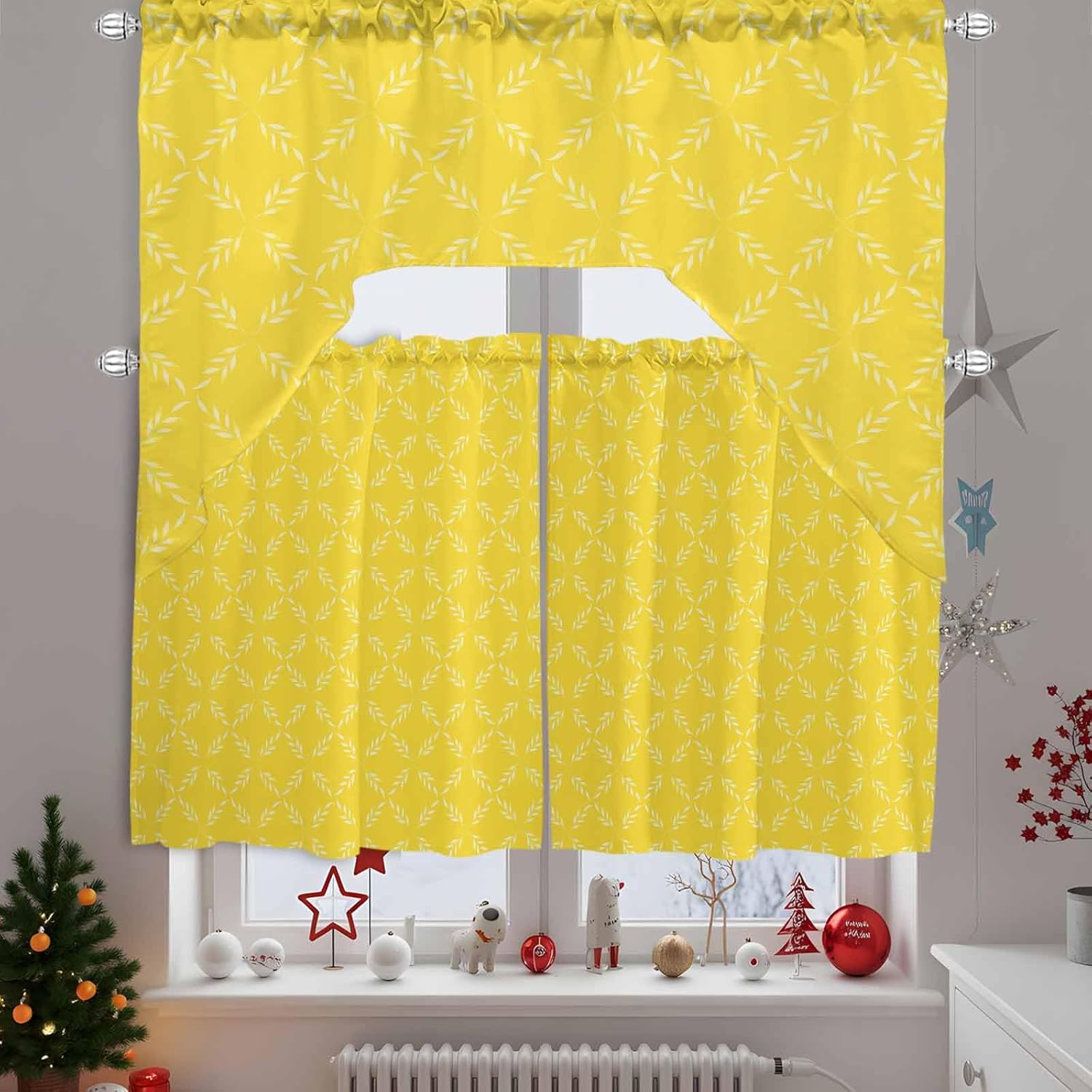 Yellow Geometric Swag Kitchen Curtains Valance and Tier Set 24 Inch Length,Modern Morocco Tribal Ethnic Bohemian Lattice Rod Pocket Swag Curtains for Living Room Bedroom Bathroom Window Drapes 3 Piece