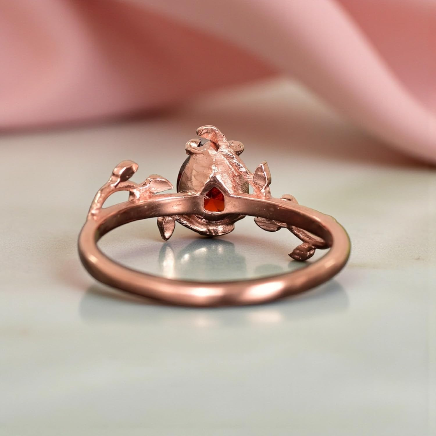 Pear Cut Red Garnet Leaf Ring for Women – 18K Solid Rose Gold Vine Band, Nature Inspired Dainty Engagement Band, Unique Promise Gift Jewelry