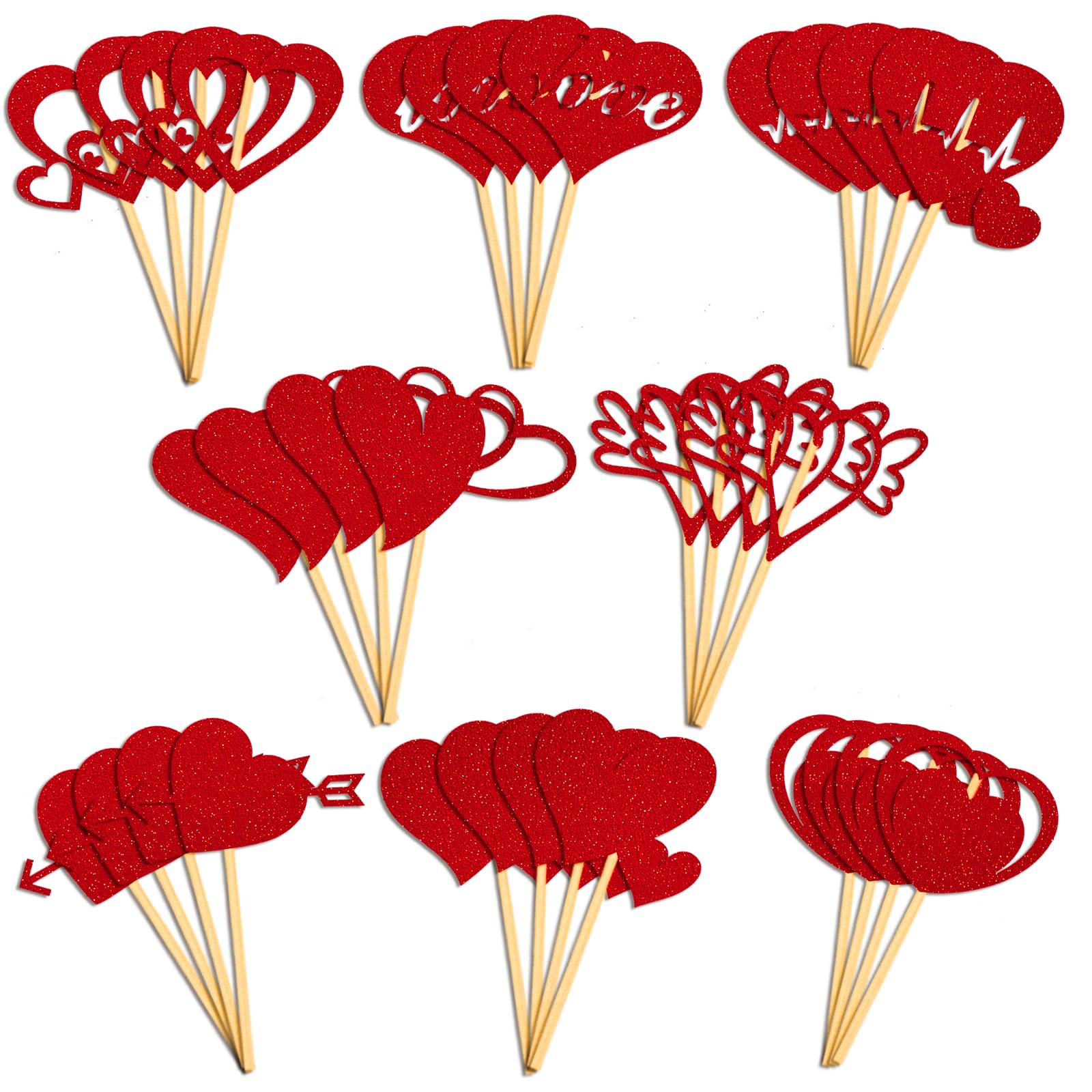 Valentines Day Cupcake Toppers, 32 Pcs Red Heart Cake Toppers for Valentines Cake Decorations Wedding Engagement Bridal Shower Cake Decorations