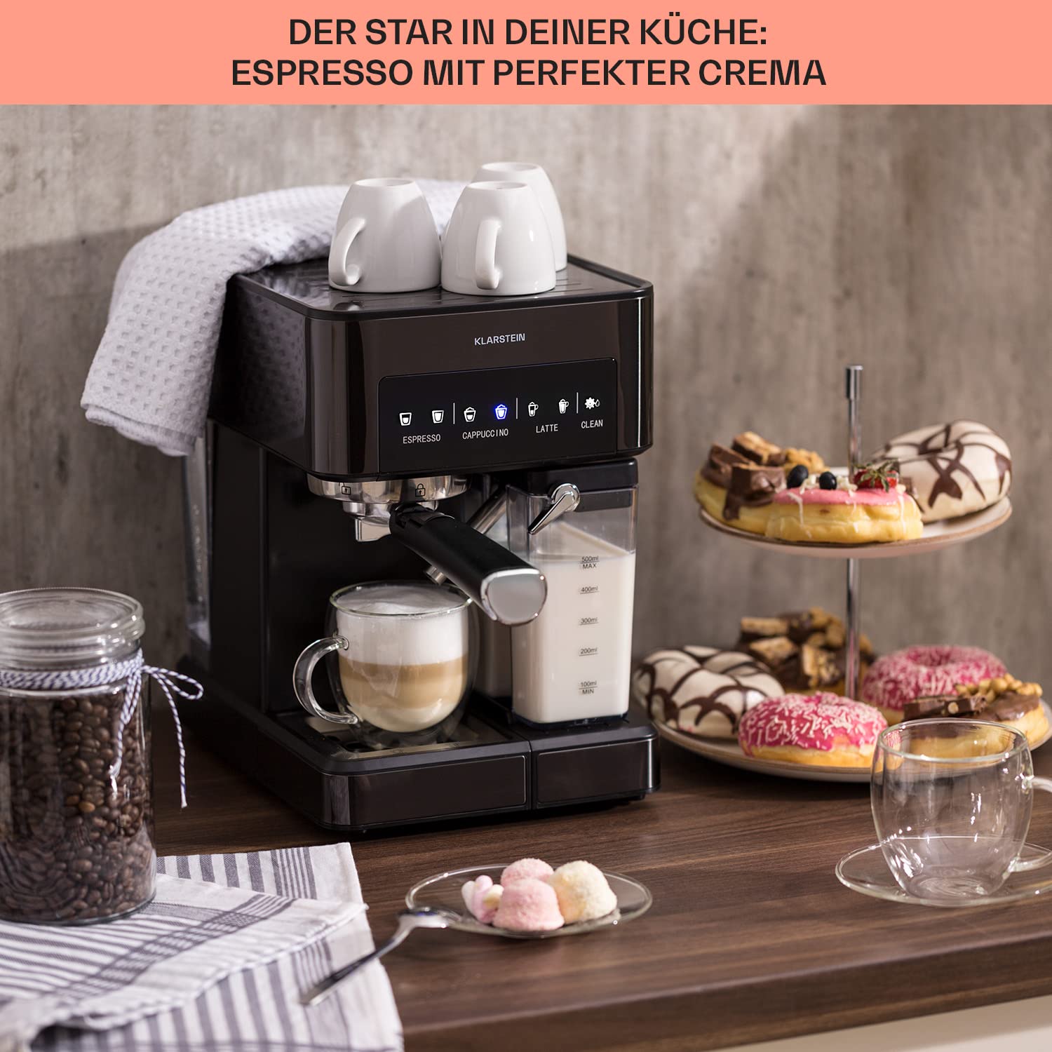 Klarstein Espresso Siebträgermaschine mit Milchaufschäumer, 1,8L Mini-Espressomaschine mit Siebträger, 20 Bar Edelstahl-Kaffeemaschine Klein, 0,5L Milchtank, 1350W, für Gemahlenen Kaffee