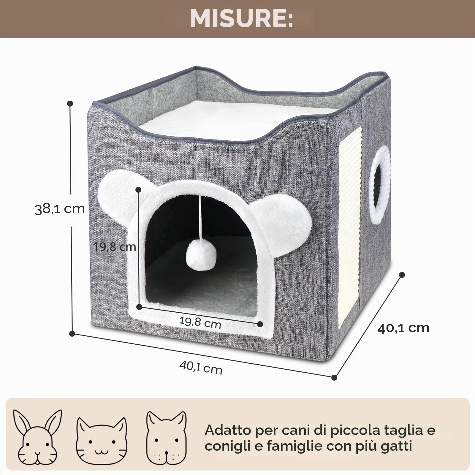 Casetta pieghevole per gatto, Cuccia Gatto Casa pieghevole con terrazza, letto a 2 strati grande grotta con tiragraffi e Pallina da Gioco