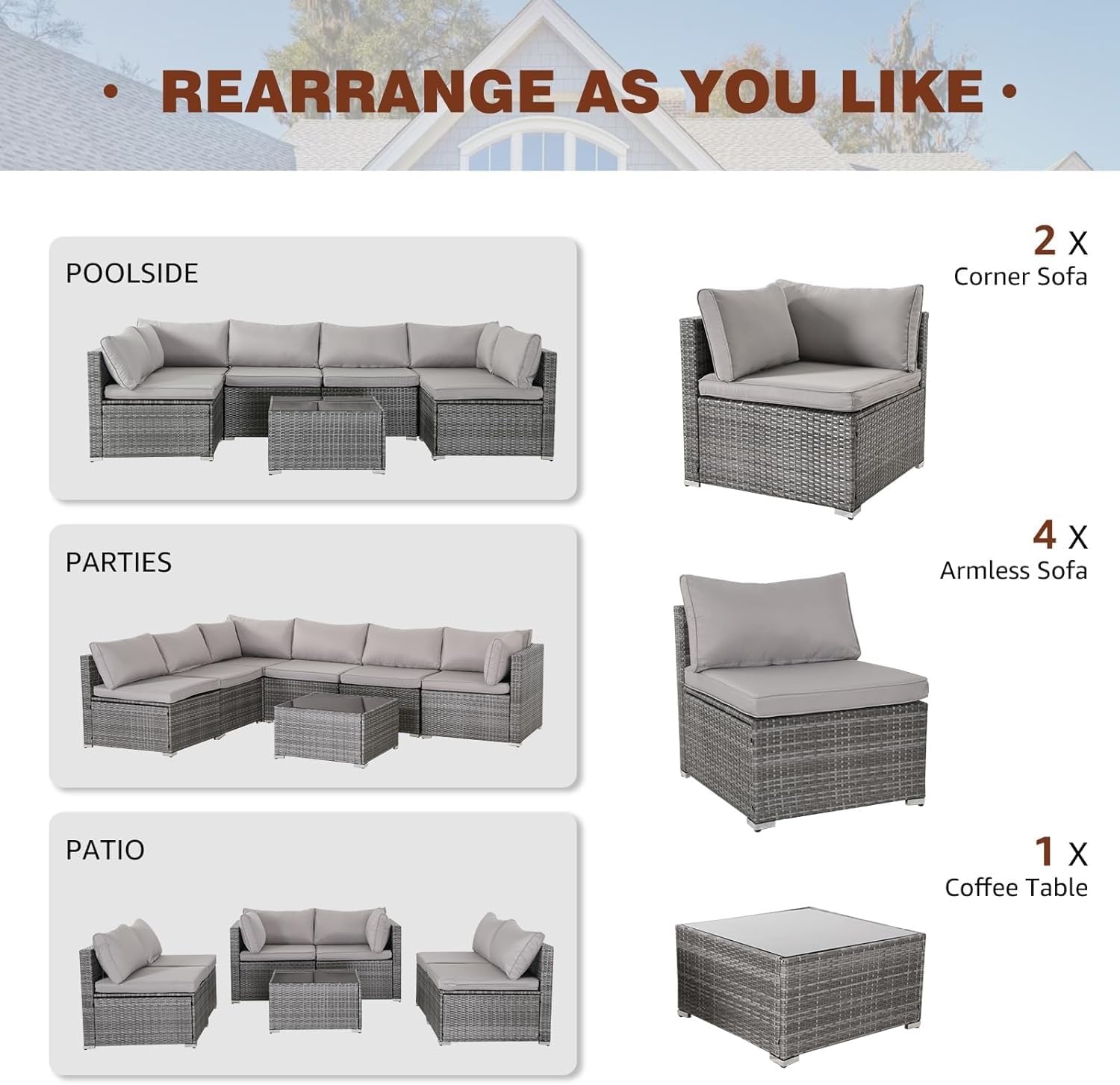 7 Pieces Outdoor Patio Furniture Set Modular Wicker Sectional Sofa Set with Cushions & Coffee Table - PE Rattan Patio Conversation Sets for Garden, Balcony, Porch