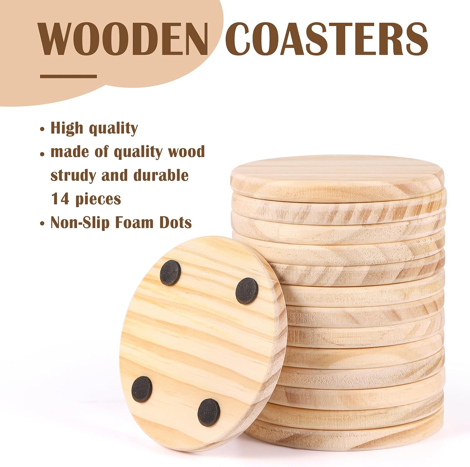 14pcs Unfinished Wood Coasters, 4 Inch Round Blank Wooden Coasters for Crafts with Non-Slip Silicon Dots for DIY Stained Painting Wood Engraving Home Decoration Mother Day Gift