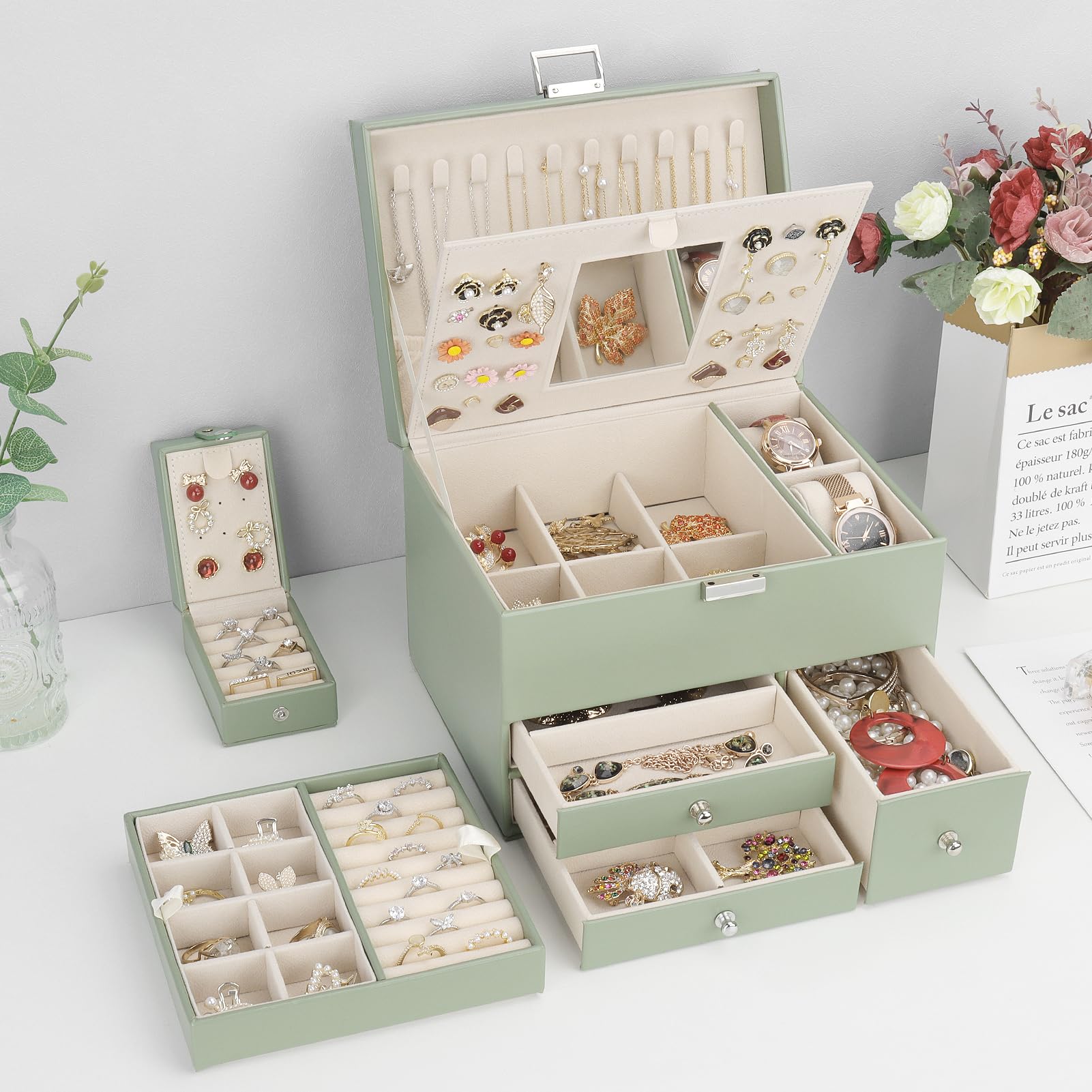 Schmuckkästchen, 3 Ebenen großer PU Leder Reise Schmuckschatulle mit tragbarer Mini-Box für Reisen, Schmuckbox mit Spiegel für Halsketten, Ohrringe, Ringe, Uhren, Avocadogrün