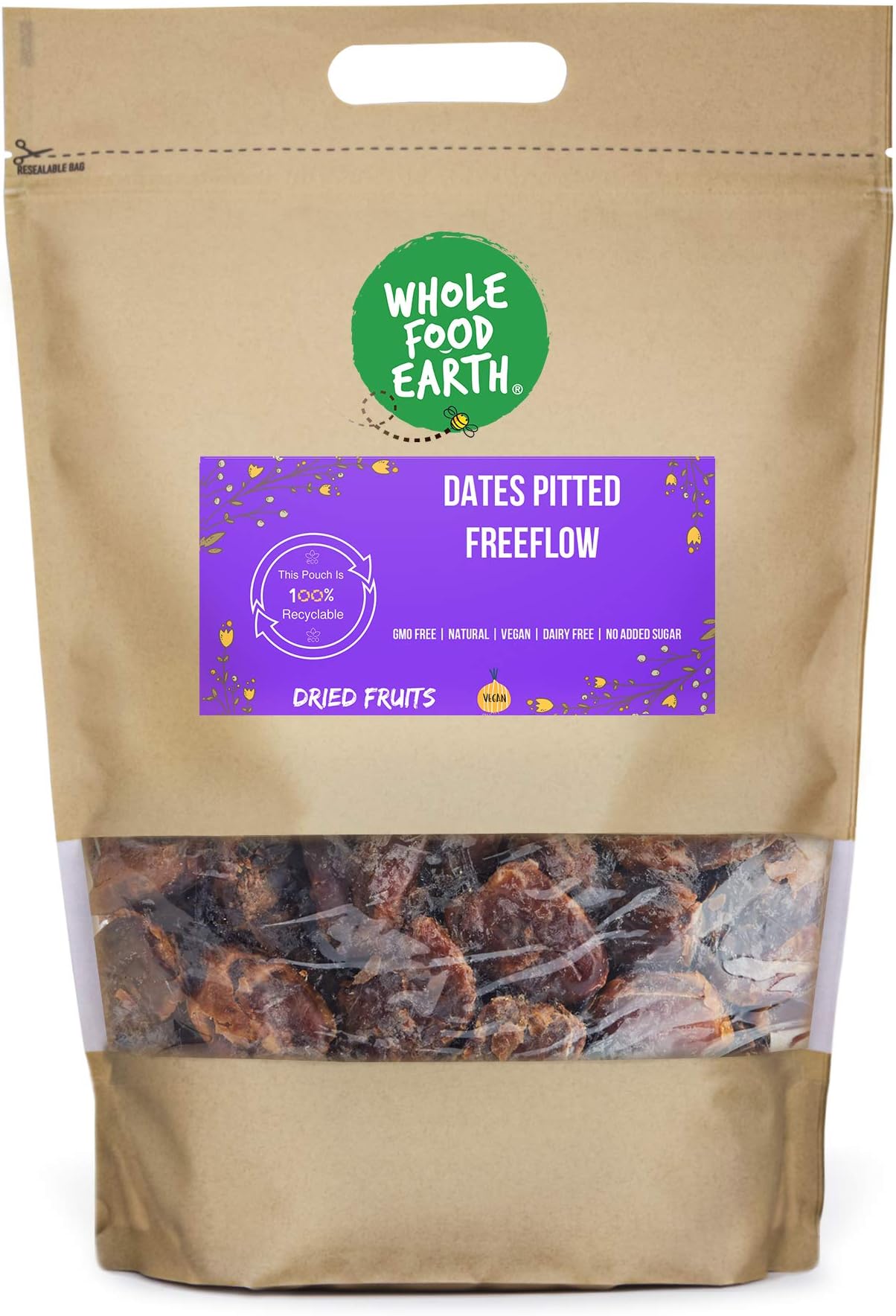 Wholefood Earth Dates Pitted Freeflow 2 kg | GMO Free | Natural | Source of Fibre - Packaging may Vary