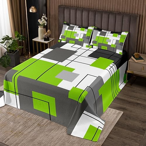 Juego de edredón geométrico verde lima, gris, tamaño Queen, negro, gris, blanco, geométrico, cuadrado, para niños y niñas, juego de colcha abstracta