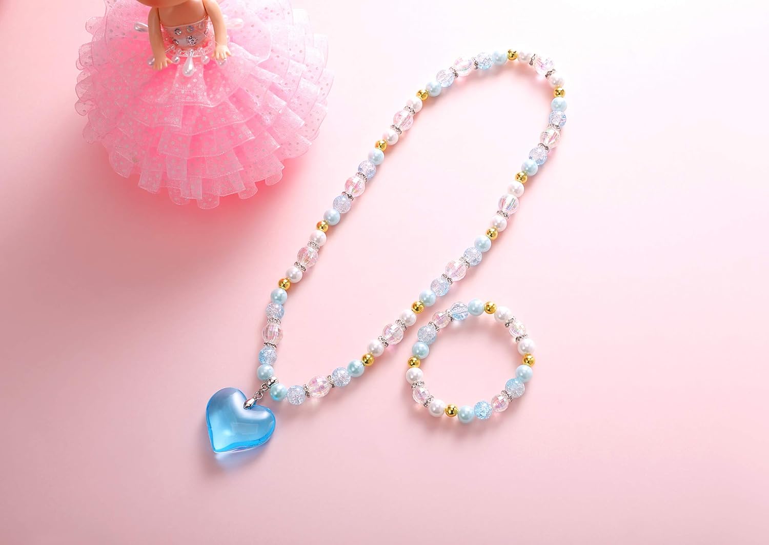 PinkSheep Beads Necklace and Bracelet for Kids, 3 Sets, Little Girls Jewelry Necklace and Bracelet with Heart Pendant, Dress Up Pretend Play Party Favor : Toys & Games