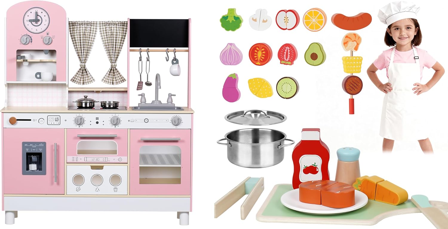 Cocina de juego rosa de madera con juegos de comida de juego de madera