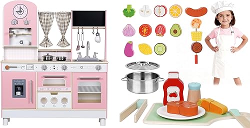 Miniatura 1 de Cocina de juego rosa de madera con juegos de comida de juego de madera