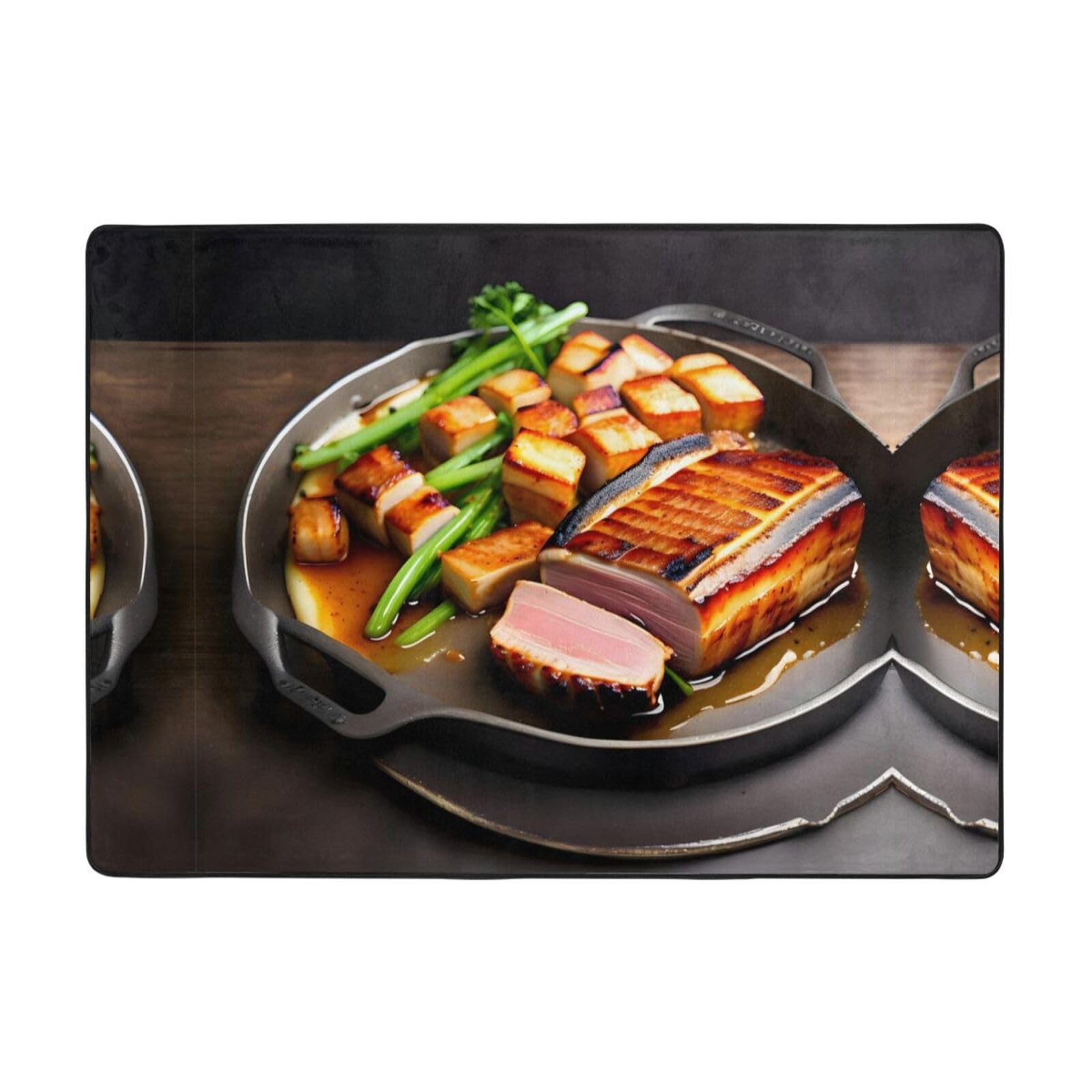 Tapis imprimé viande grillée en flanelle fine, finition haut de gamme pour intérieur moderne