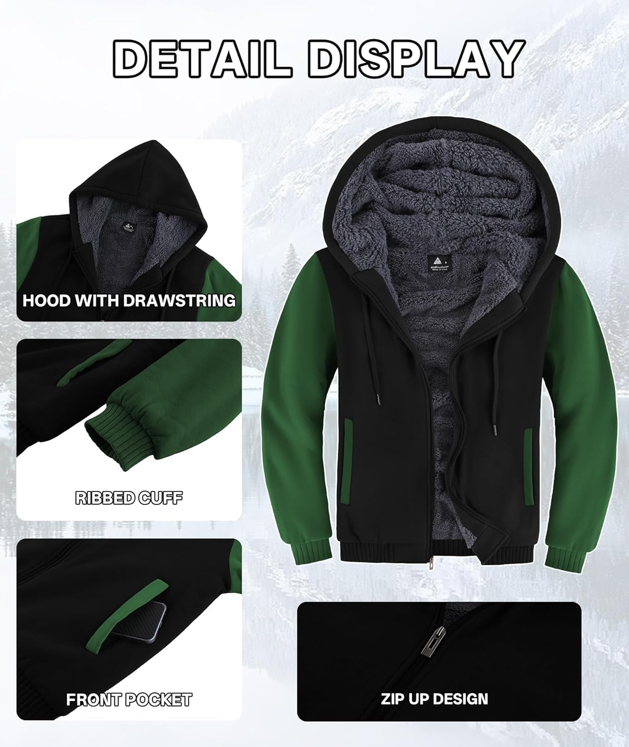 V VALANCH Men Hoodies Zip Up Sherpa Lined Sweatshirts Heavyweight Thick Warm Fleece Winter Jacket - Image 5