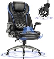 COLAMYHOME Ergonomic High Back Leather Executive Office Chair, Flip-Up Arms, Adjustable Height, Quiet Casters - Black, 300 lbs