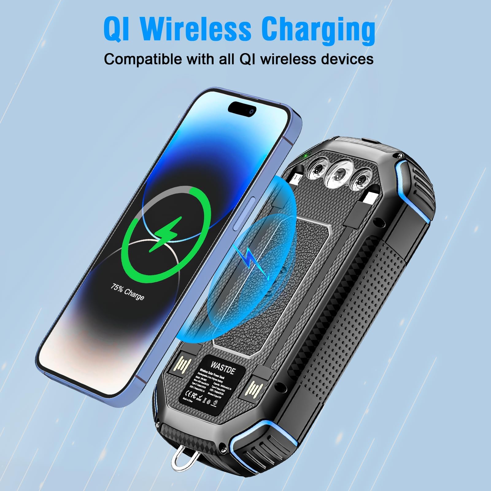 WASTDE Power Bank Wireless Solar 26800mAh con 3 cavi, Power Bank USB-C 15W Ricarica Rapida 4 uscite, 3 ingressi per cellulare, caricatore solare, batteria esterna con torcia