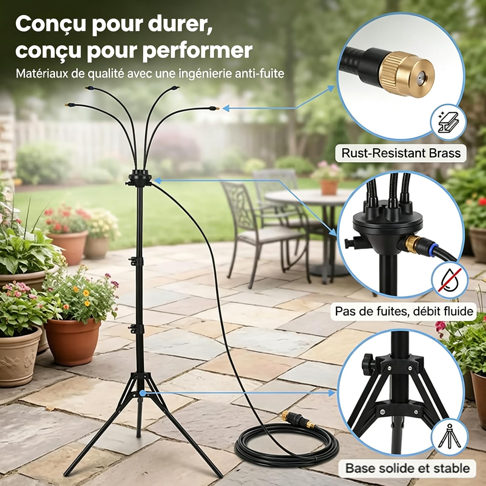 Brumisateur Terrasse sur Pied Réglable 0,8-1,6m avec Tuyau 8m，1pcs