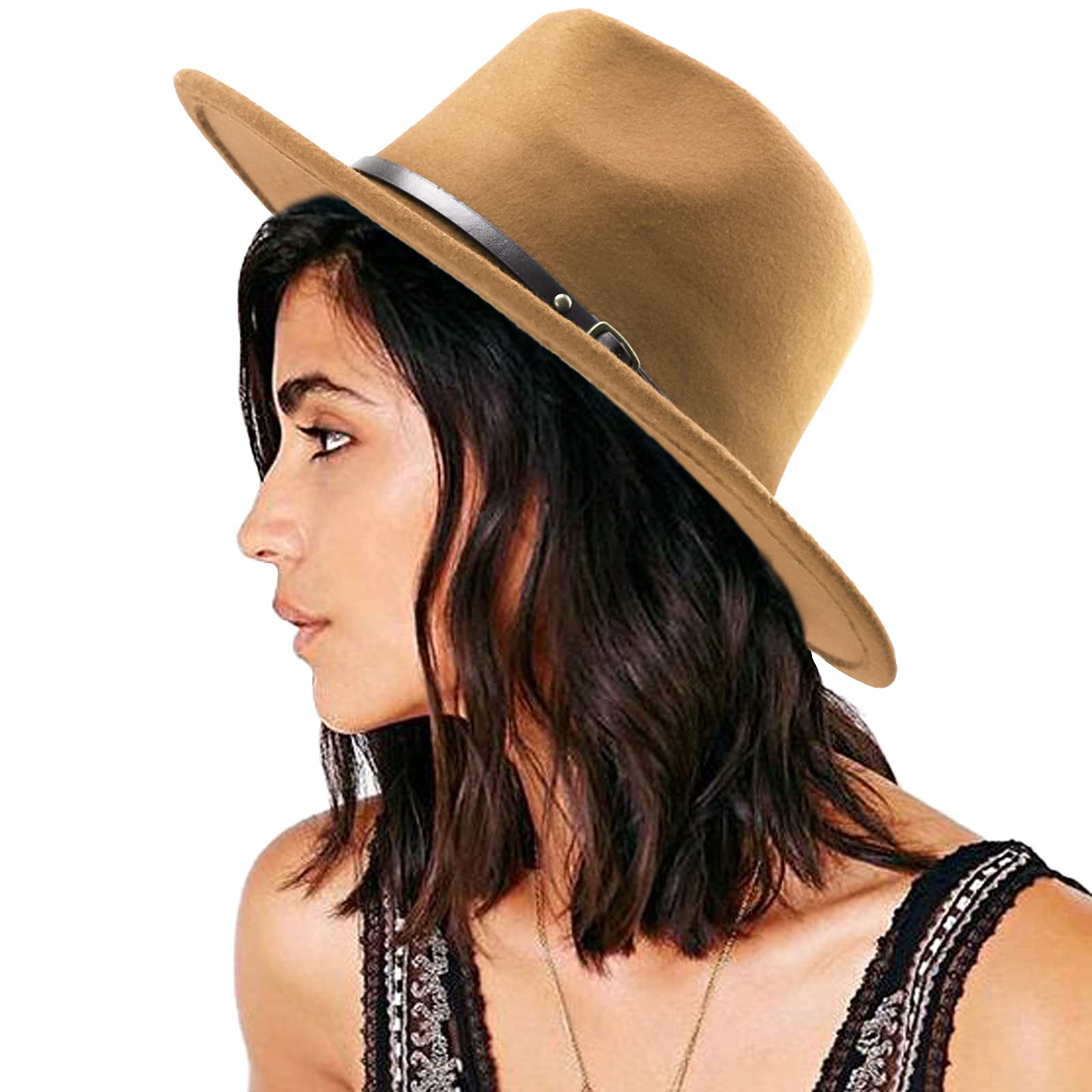 Dreshow Women's Khaki Vintage Wide Brim Fedora Hat With Belt Buckle Panama Hat