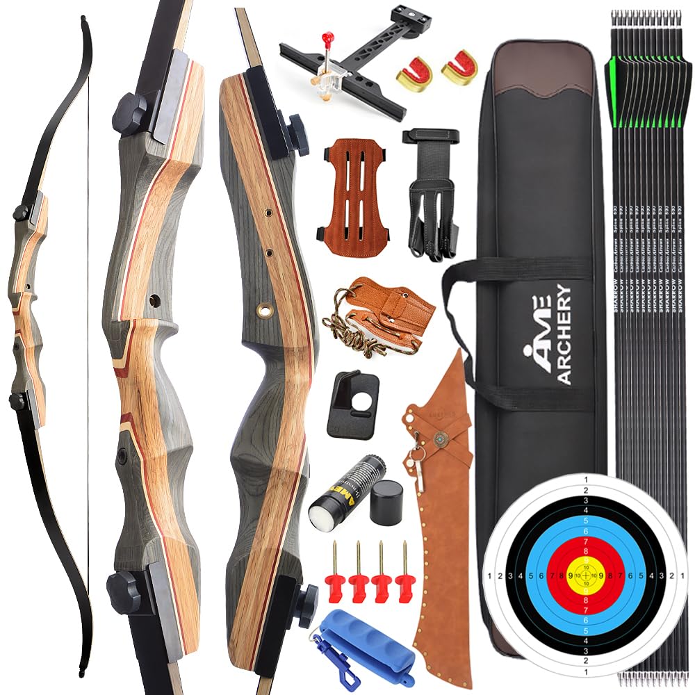 AMEYXGS 62" Arco ricurvo da tiro con l'arco Adulti e giovani Arco da caccia 30-50LBS Riser in legno con accessori per tiro con l'arco Mano destra (30lbs, Tipo 2)