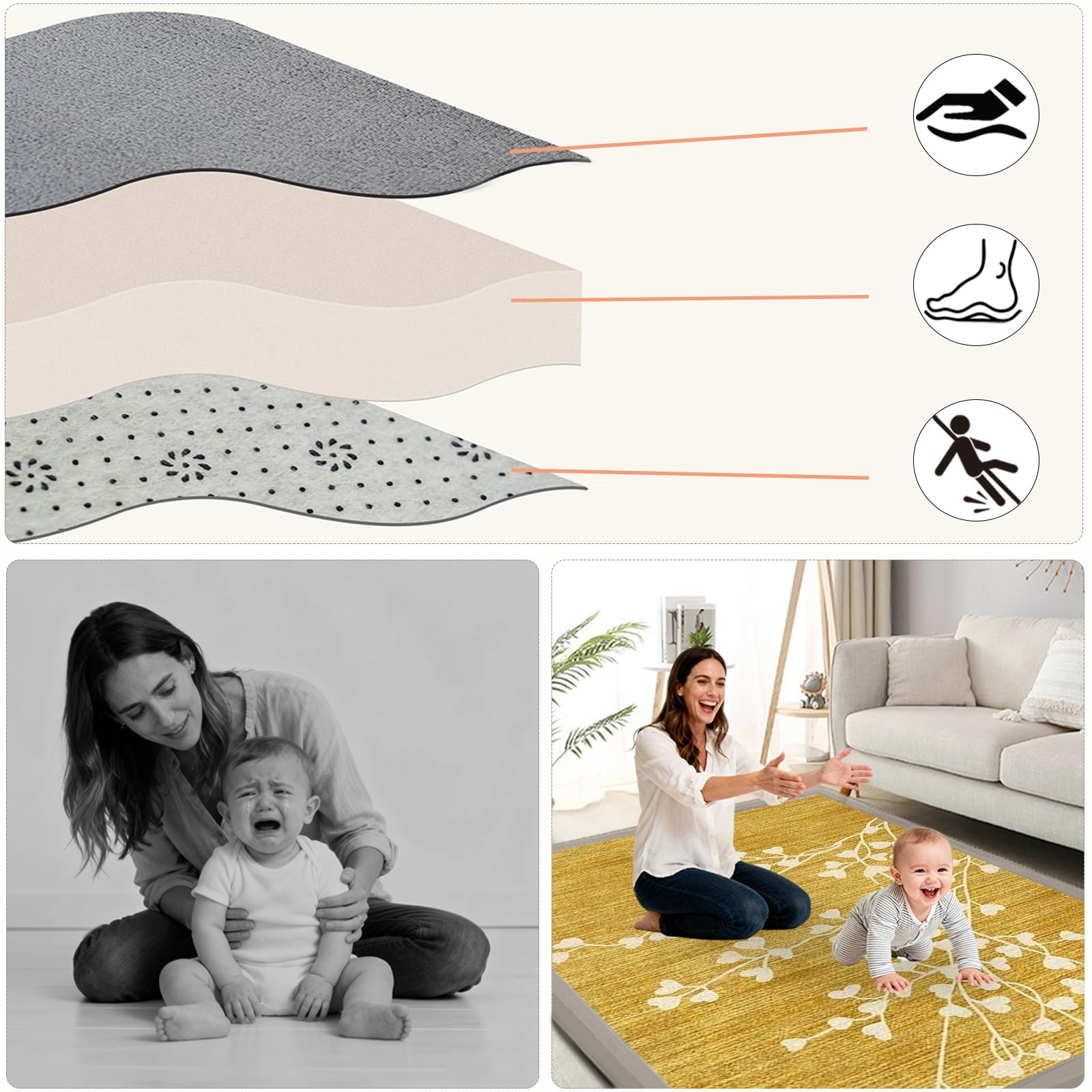 Tappeto Gioco Bambini Acolchado 2 cm Extra Spesso, Antiscivolo, Ideale per Pavimenti e Box Neonato, Palestra Neonati, Tappeto Tummy Time Neonati Giallo 90 x 180cm