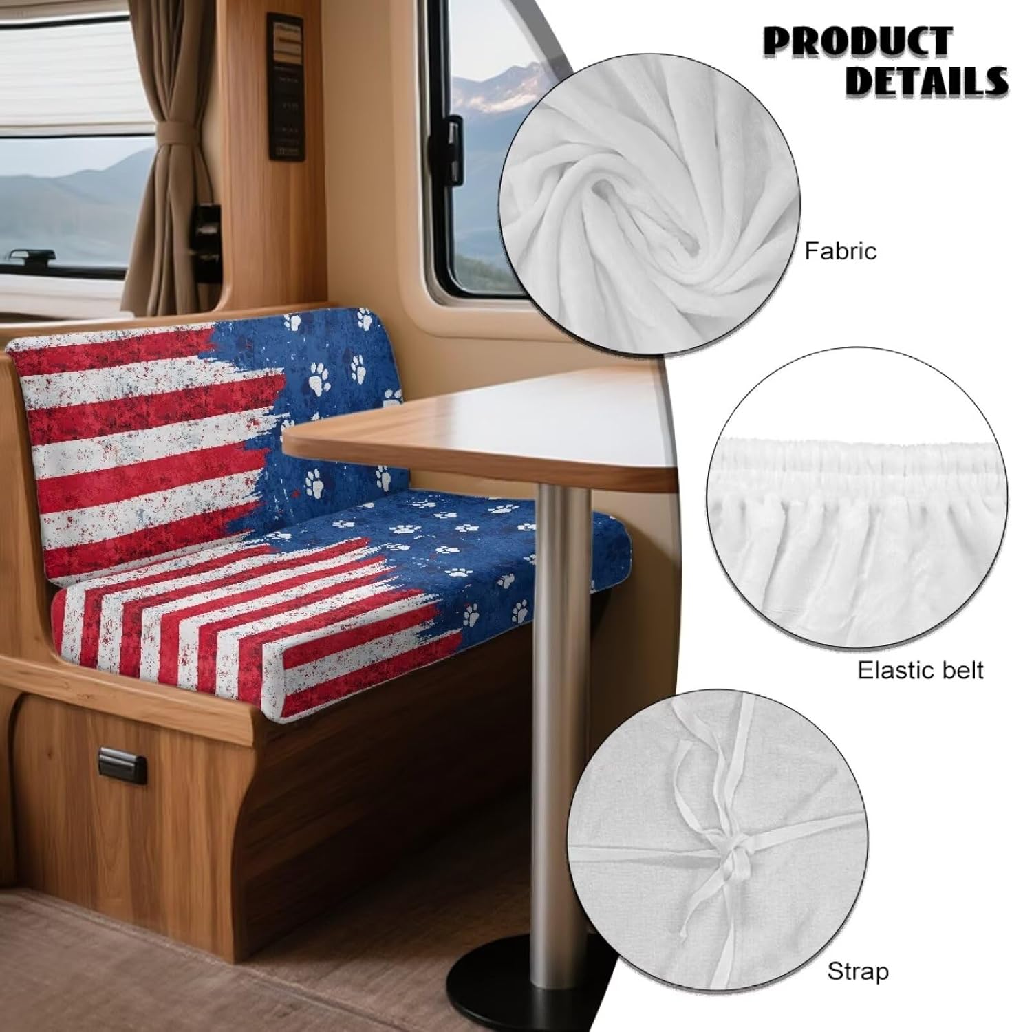 Flannel RV Dinette Cushion Covers Booth Set RV Seat Couch Sofa Camper Cushion Covers Washable Slipcover,1 Backrest Cover & 1 Bench Cover,Distressed American Flag Paw Print