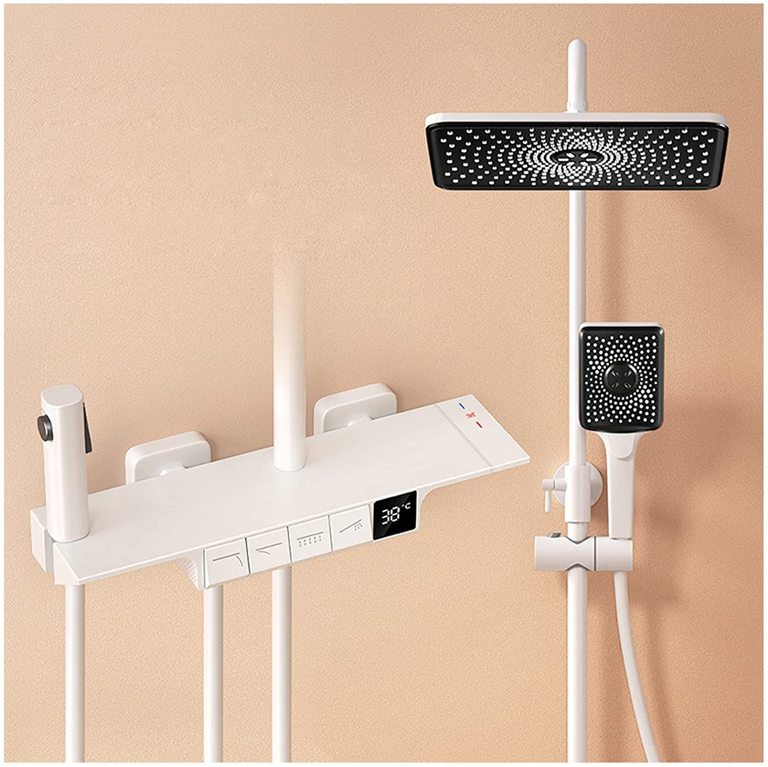 Set Doccia termostatico, Set Rubinetto a Parete, soffione a Pioggia con doccetta, beccuccio per Vasca, doccetta per Bidet e Kit di valvola con visualizzazione della Temperatura