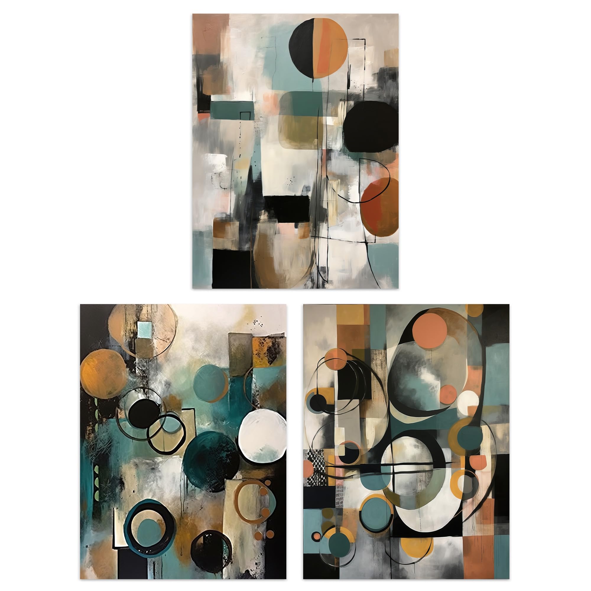Artery8 Set of 3 Midcentury Modern Abstract Circles Oil Paintings Pastel Colour Tan Orange Teal Elegant Unframed Wall Art Living Room Poster Prints Pack