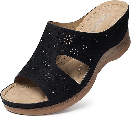 TEMOFON Women Wedge Sandals Dressy Soft Leather Sandal, Rubber Sole, Comfortable Walking, Casual Slip on Summer Sandals