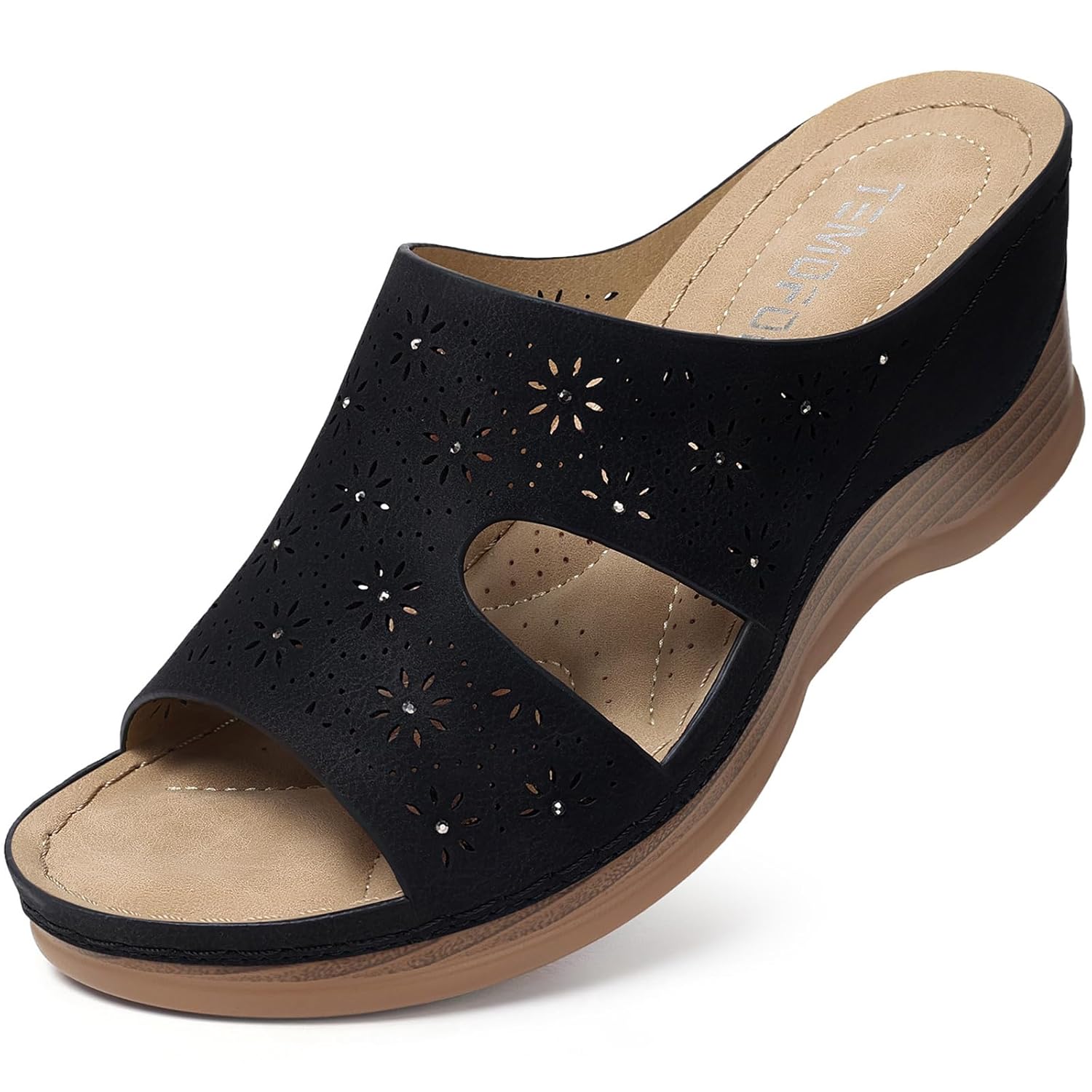 TEMOFON Women Wedge Sandals Dressy Soft Leather Sandal Rubber Sole Comfortable Walking Casual Slip on Summer Sandals