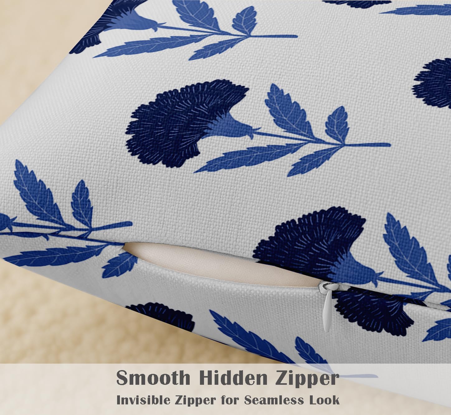 16x16 Inch Cushion Covers Set of 4 - Premium Cotton, Floral Print, Reversible Printed Pillow Covers with Concealed Zipper - Blue
