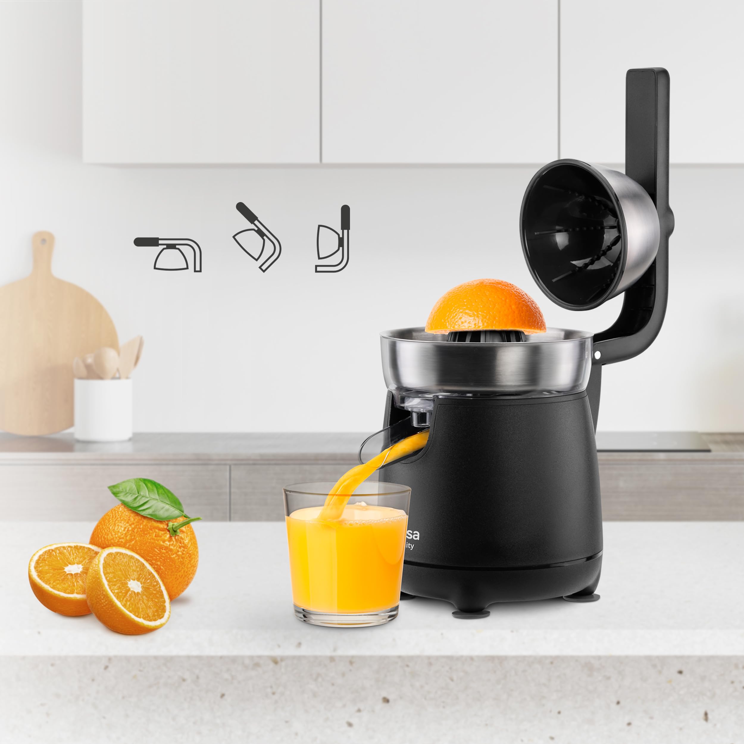Ufesa Vitality, Exprimidor Eléctrico de brazo, 120W, Vertido Continuo, Sistema Antigoteo, Doble Cono, Filtro en Acero Inoxidable, Brazo para la extracción del Zumo, Sin BPA, Negro Inox