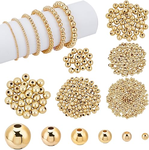 PH PandaHall 600 cuentas espaciadoras de oro de 18 quilates, 6 tamaños pequeñas y redondas sueltas, bolas de oro lisas de latón para el verano