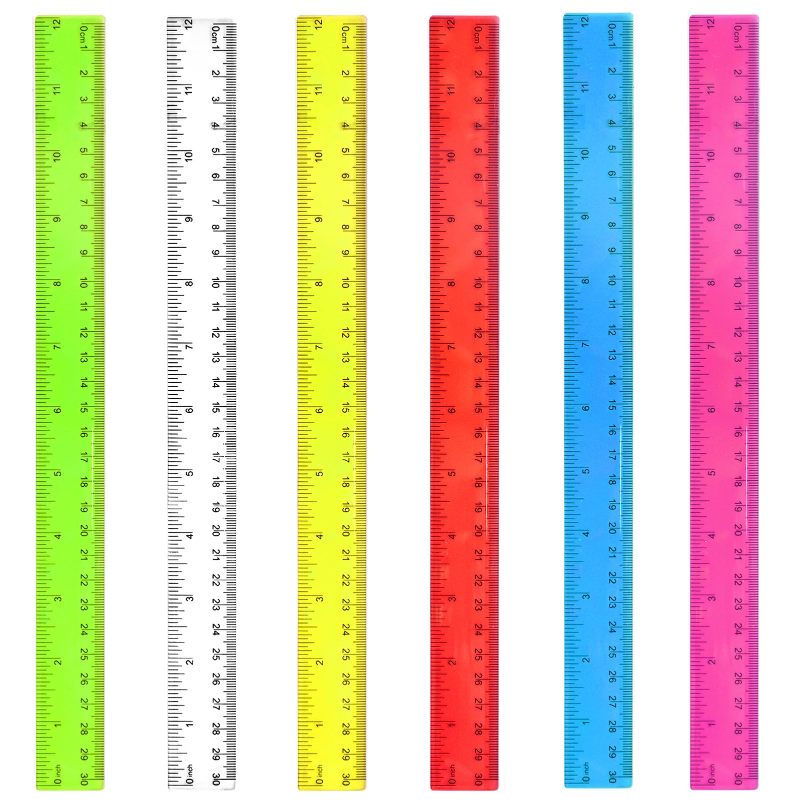 6Pcs Plastic Ruler 30cm/12in Shatterproof Colorful Transparent Straight Measuring Rulers 30 cm Multipack Long Clear Coloured Rulers Set for Kids School Supplies Gift Office