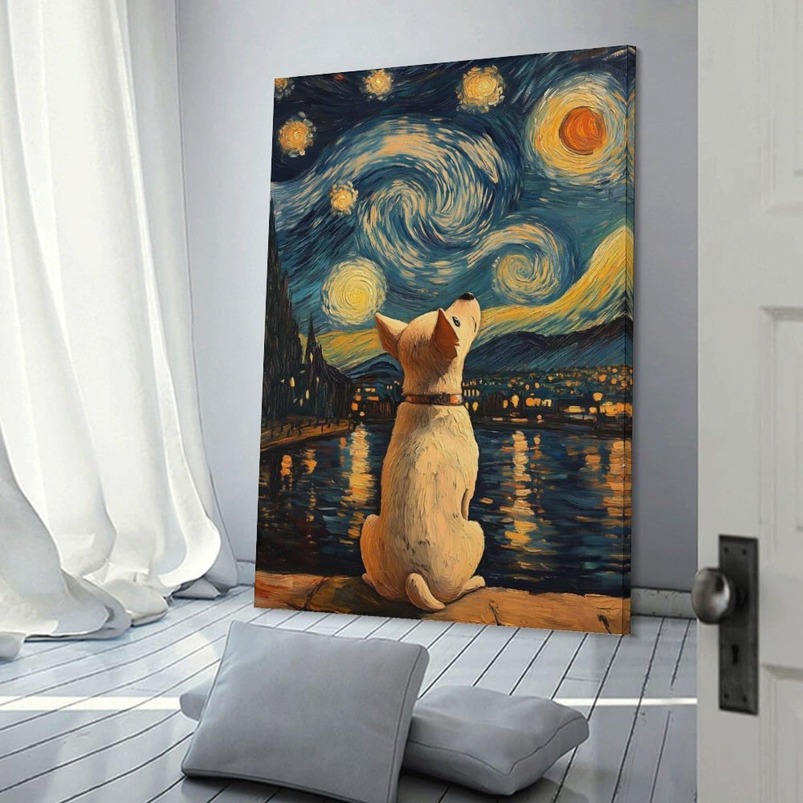 Junmoney Dog Gazing Starry Night Van Gogh Painting Wall Art Print, 24x36inch(60x90cm), for Office, Study Or Home Workspace, Decorative Artwork for Productive Spaces