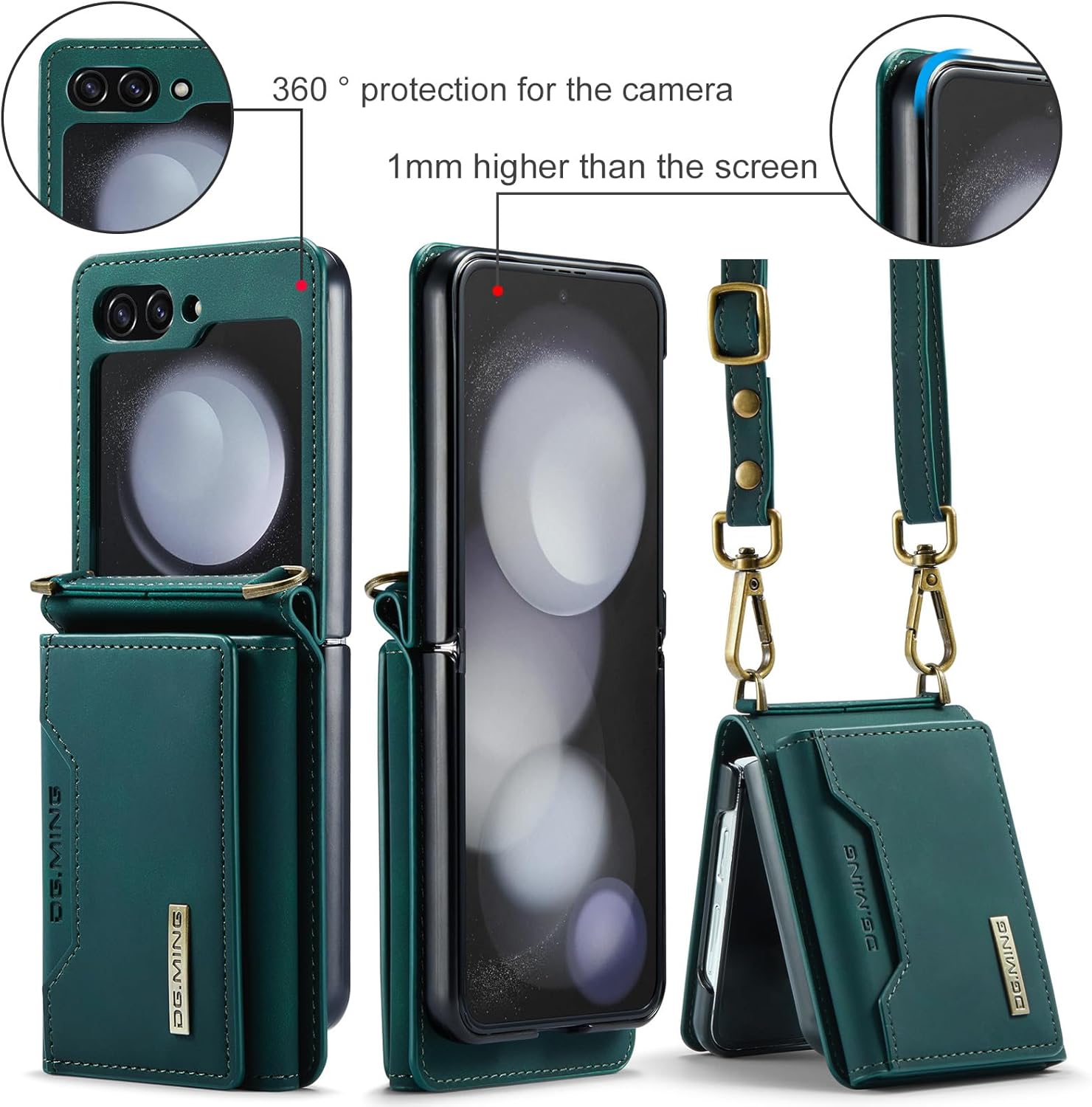 for Samsung Galaxy Z Flip 5 Case with Crossbody Wallet, 8 Cards Slot and Premium Leather Kickstand Vintage Card Holder.(Green)