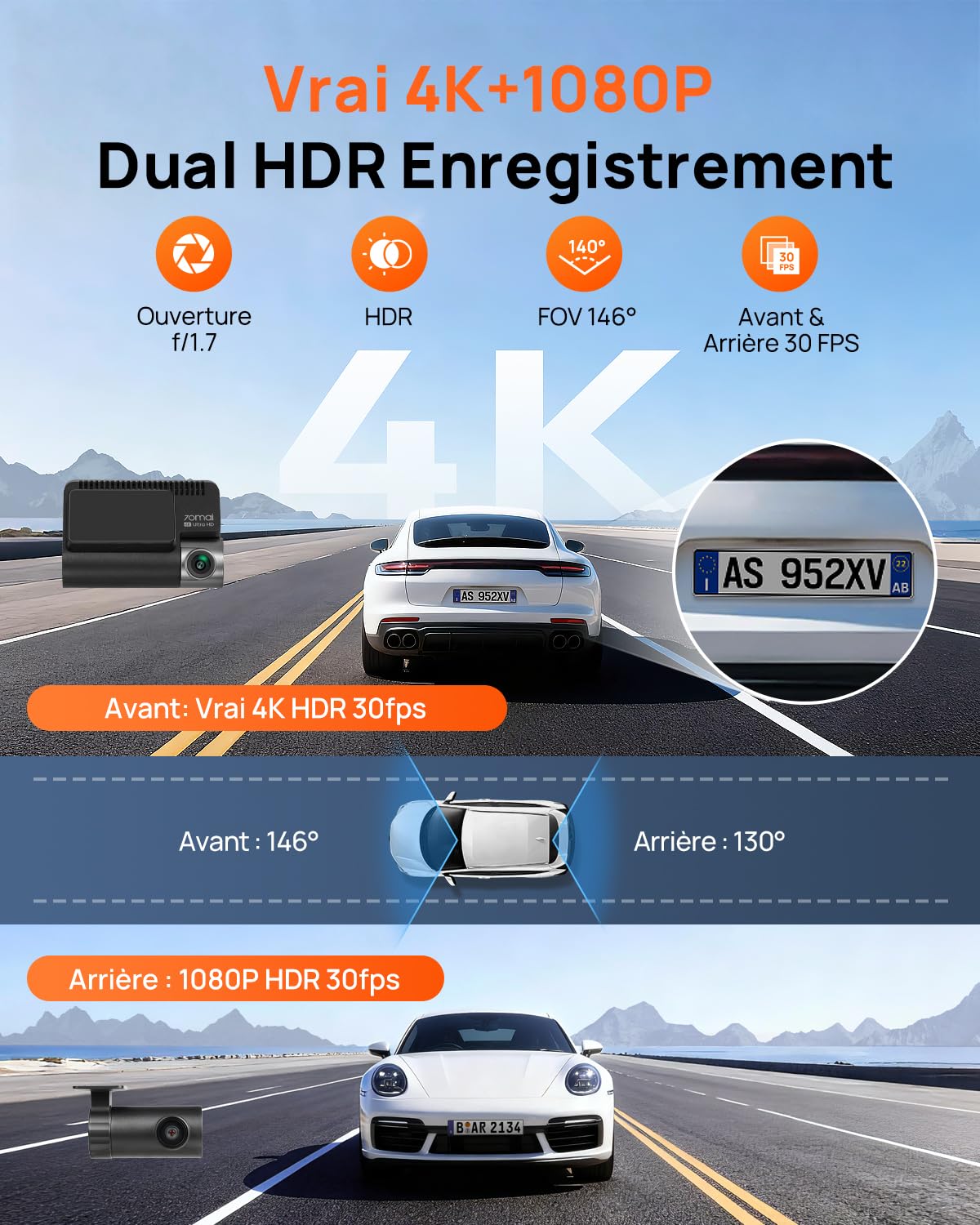 70mai Dashcam Voiture A810S, 4K+1080P Dashcam Voiture Avant Arrière Double STARVIS 2, HDR Vision Nocturne, 4G LTE, ADAS, GPS Intégré, WiFi & App Contrôle，Mode Stationnement avec Carte MicroSD 128 Go